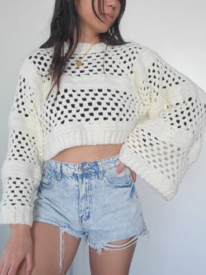 Mesh Long Sleeve Sweater - White (S)