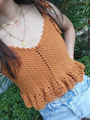 Orange Boho Cottage Core Tank with Tie Straps (S)