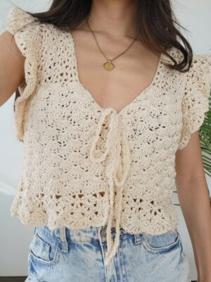 Front-Tie Cottagecore Lace Top - Cream (S)