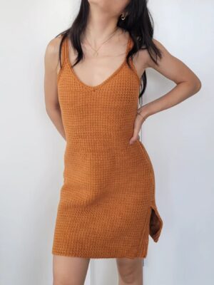 Fitted Sleeveless V-Neck Dress with Leg Slit - Orange (S)