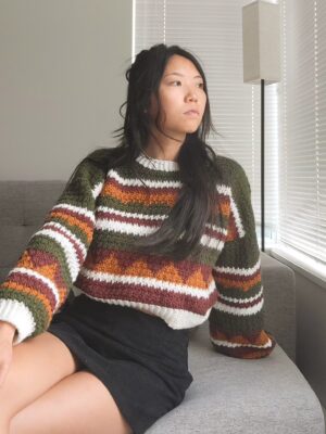Cropped Earthy Autumn Wool Striped Sweater (S)